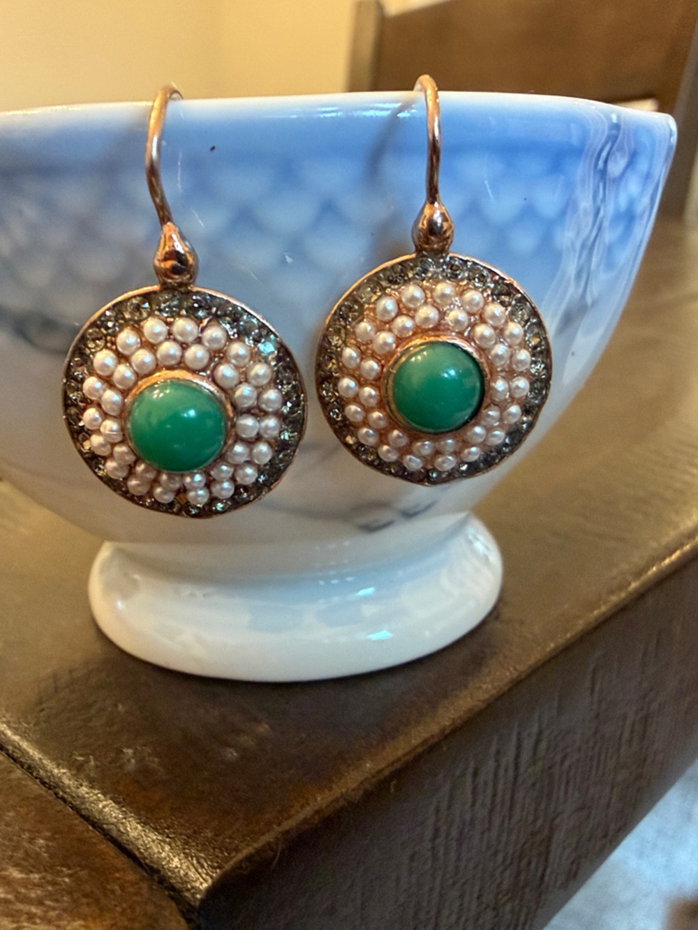 Vintage Green Stone and Pearl Halo Drop Earrings